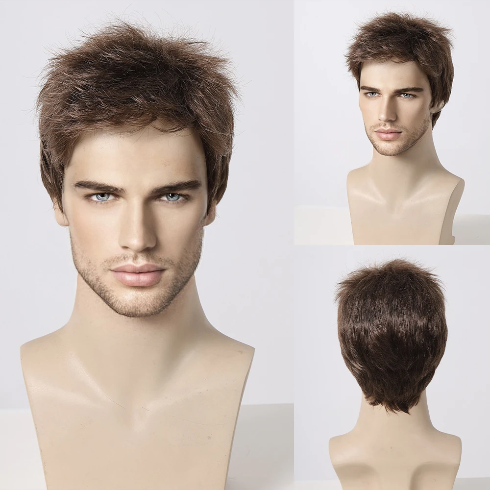Dark Brown Men's Synthetic Wig Short Bob Pixie Cut Natural Fluffy Hair Brown Layered Wigs Low Temperature Fiber for Male Daily synthetic wig
