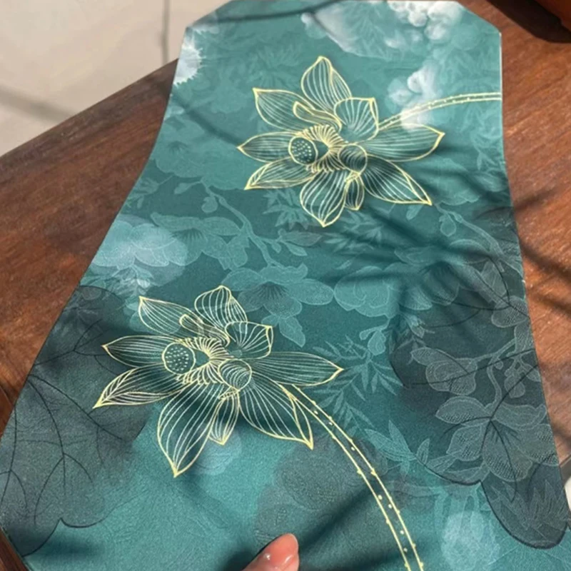 

Fragrant Cloud Yarn Dark Flower Dark Green Lotus Waterproof Double-sided Tea Seat New Chinese Fabric Zen Table Flag Tablecloths