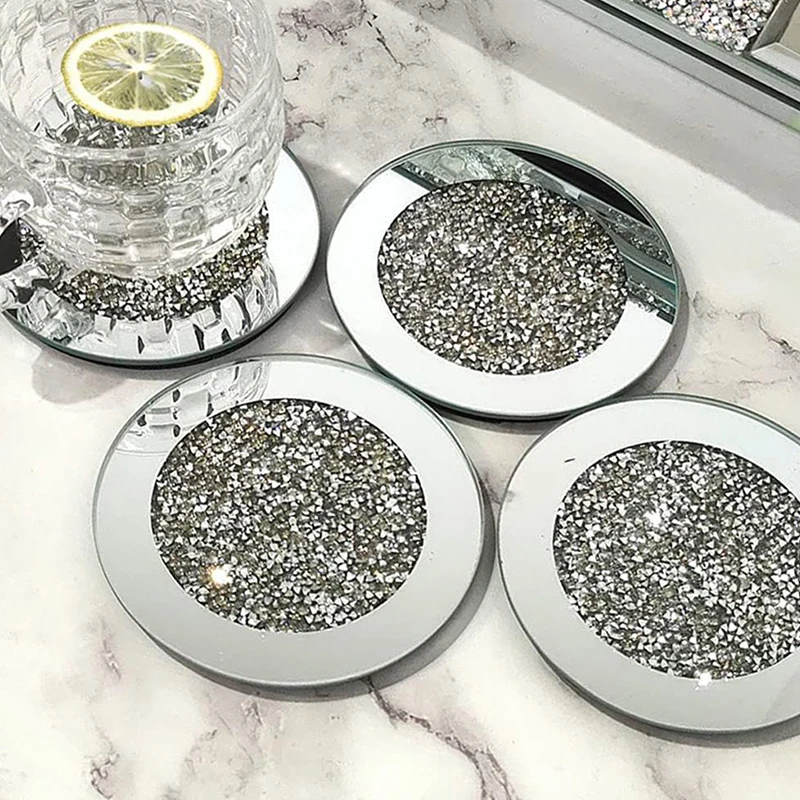 Glass Coaster Coffee And Tea Cup Mat Tableware Pad Round Saucers Silver Shiny Rhinestones Coffee Mug Pad Table Decoration