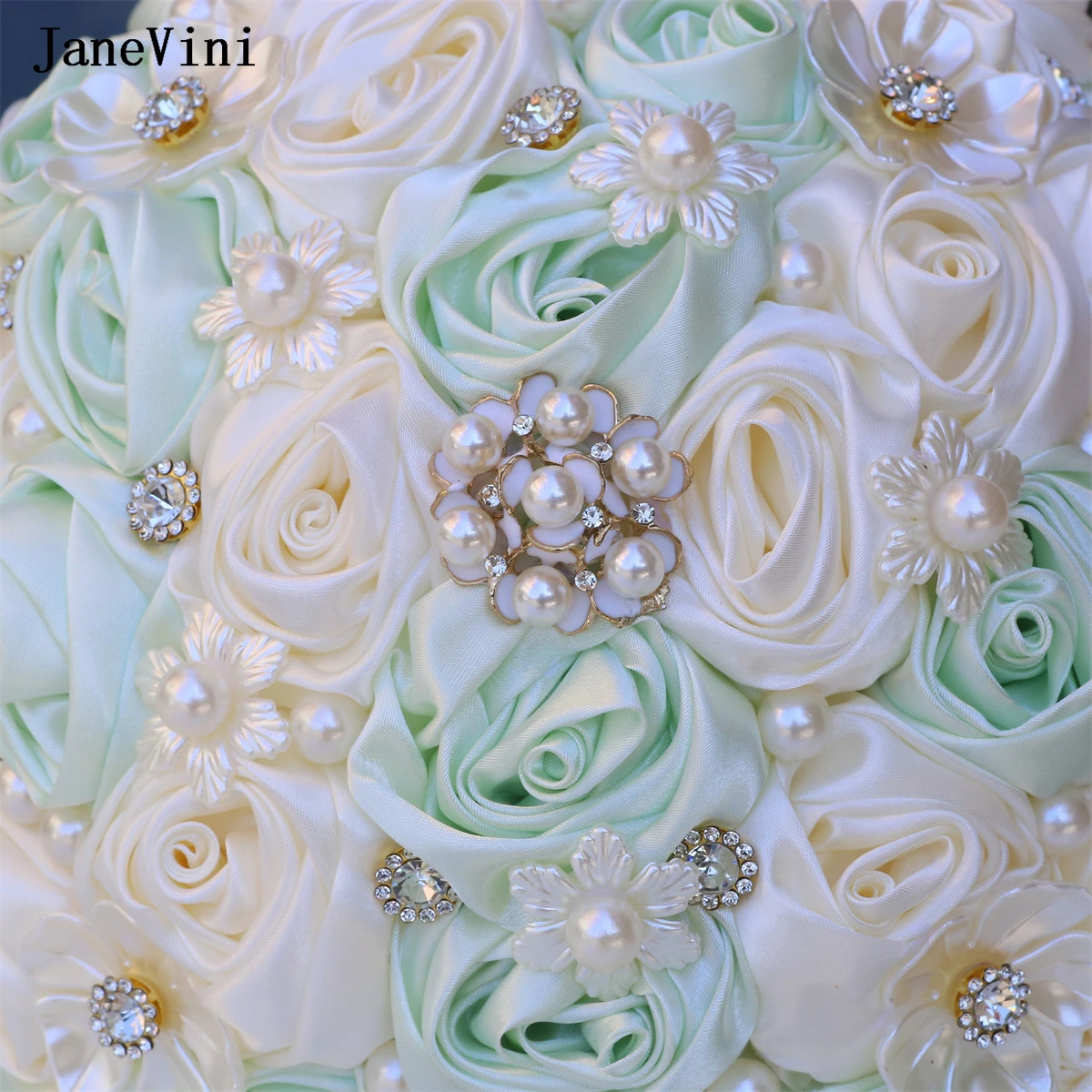 JaneVini Light Green Bride Flowers Luxury Crystal Bridal Bouquets Artificial Satin Roses Pearls Wedding Fake Bouquet