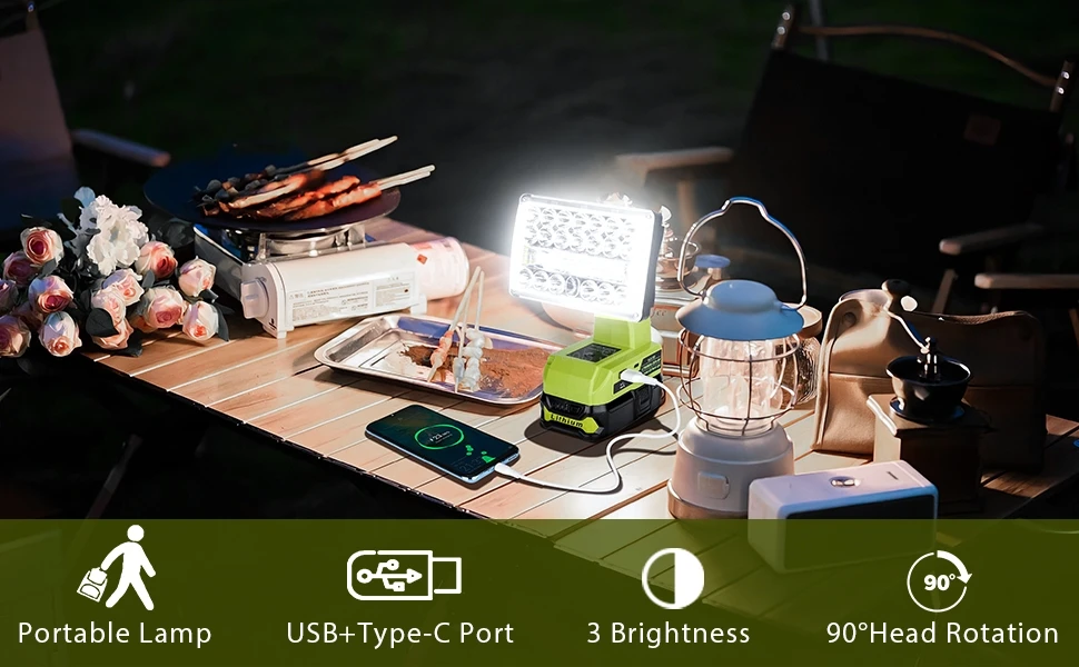 Cordless Led Work Light Compatible with Ryobi 18V Battery Rechargeable Jobsite L