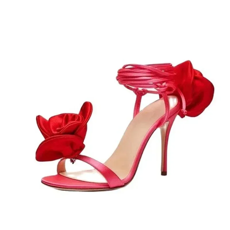 

2023 Women's New Round Toe Slender High Heel Silk Rose Heel Strap Large Slotted Sandals Occidental Show Banquet Shoes