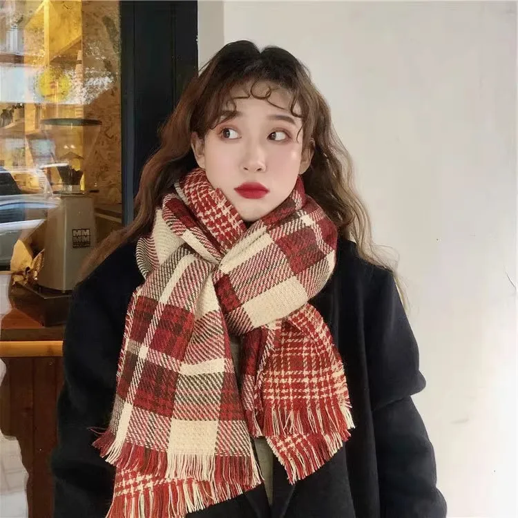 

2023 Women's Winter Double-Sided Plaid Scarf Colorful Shawl Korean Style Christmas Paragraph Scarf Thickening Warmth