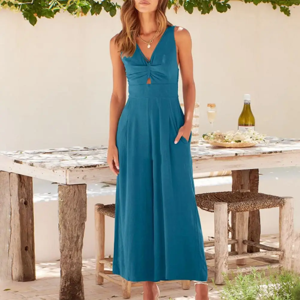 

Deep Crotch Jumpsuit Summer Women Jumpsuit Stylish Women's Summer Jumpsuit Chic Deep V Neck Wide Leg Design with Soft Breathable