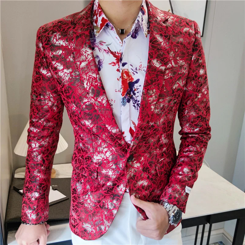 Blazer Fashion Men Red Printing Blazer Jacket Streetwear Slim Fit Blazer Men Night Club Prom Tuxedo Formal Wear Smoking Tuxedo men blazer