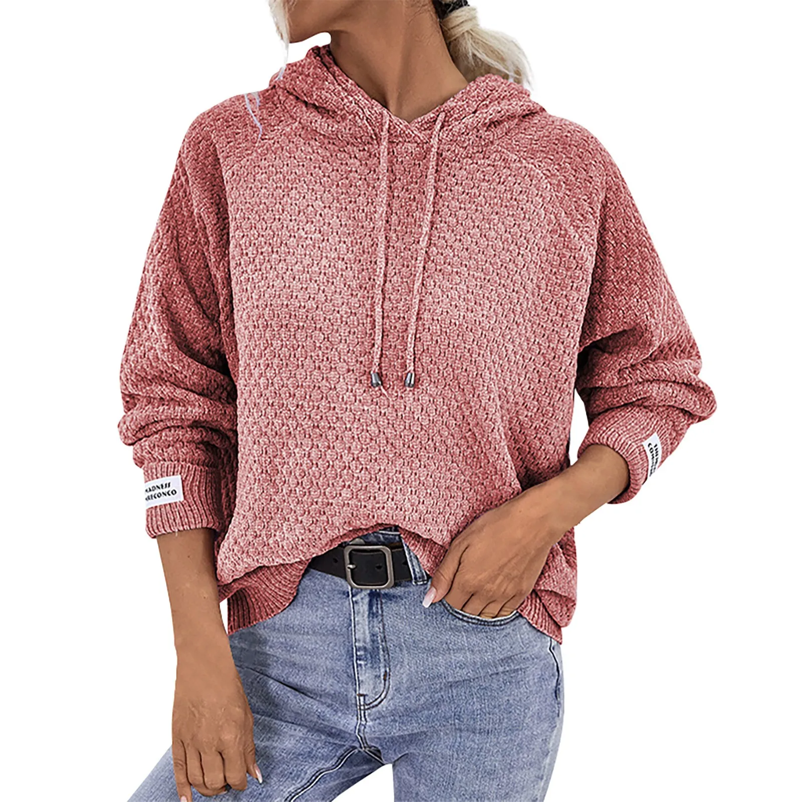 

Повседневный свитер для женщин 2024 женская вязаная рубашка с капюшоном с кулиской Однотонный пуловер Повседневный утепленный свитер для женщин