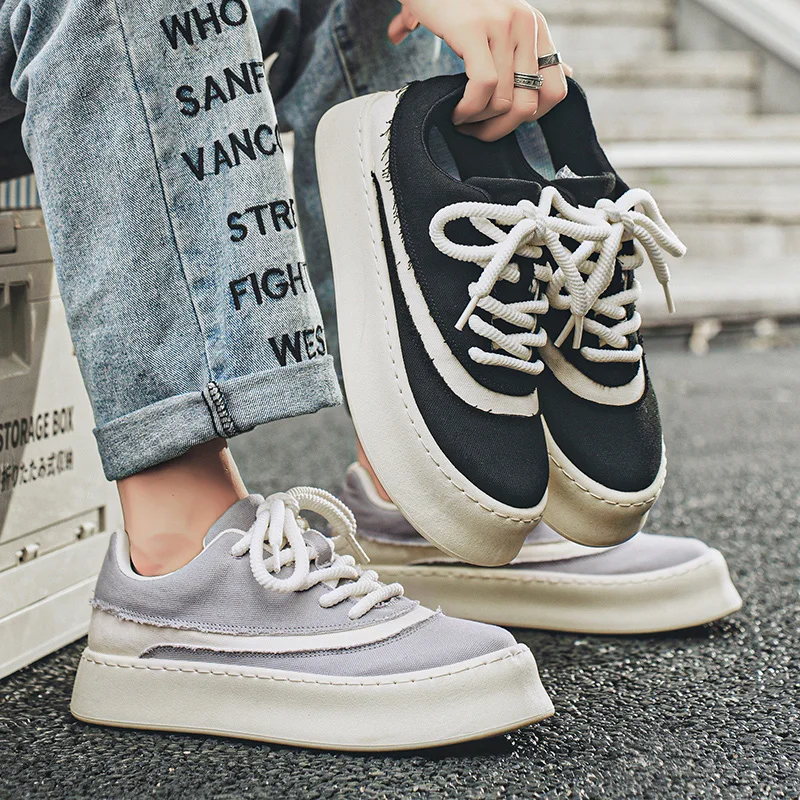 HKDQ Fashion Design Canvas Sneakers Men Black Platform Casual Men's Vulcanize Shoes Summer Breathable Lace-up Leisure Shoes Man