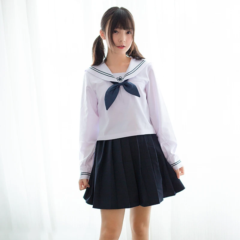 

Japanese School Uniform Navy Casual JK Uniform Sets Sailor Suit Collar Sakura Logo Preppy Style Female Students Clothes S-XXL