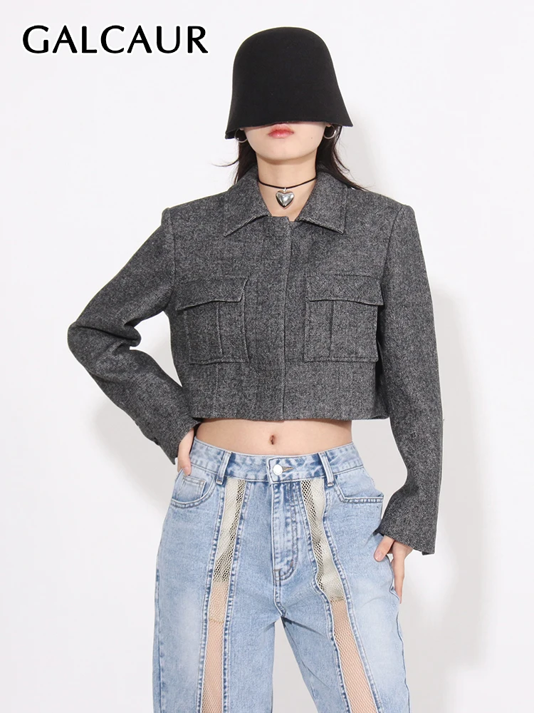 

GALCAUR Casual Minimalist Coats For Women Lapel Long Sleeve Single Breasted Patchwork Pockets Solid Temperament Jackets Female