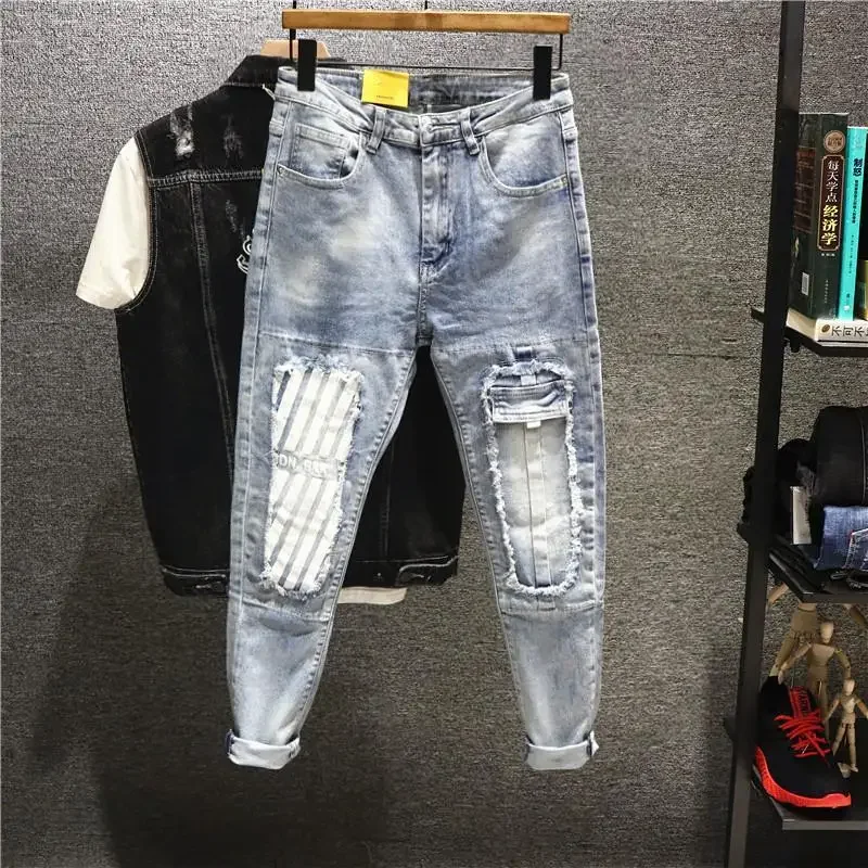 

Trousers Patch Broken Elastic Men's Jeans Punk Man Cowboy Pants with Holes Tapered Torn Stretch Ripped Xs High Quality Washed