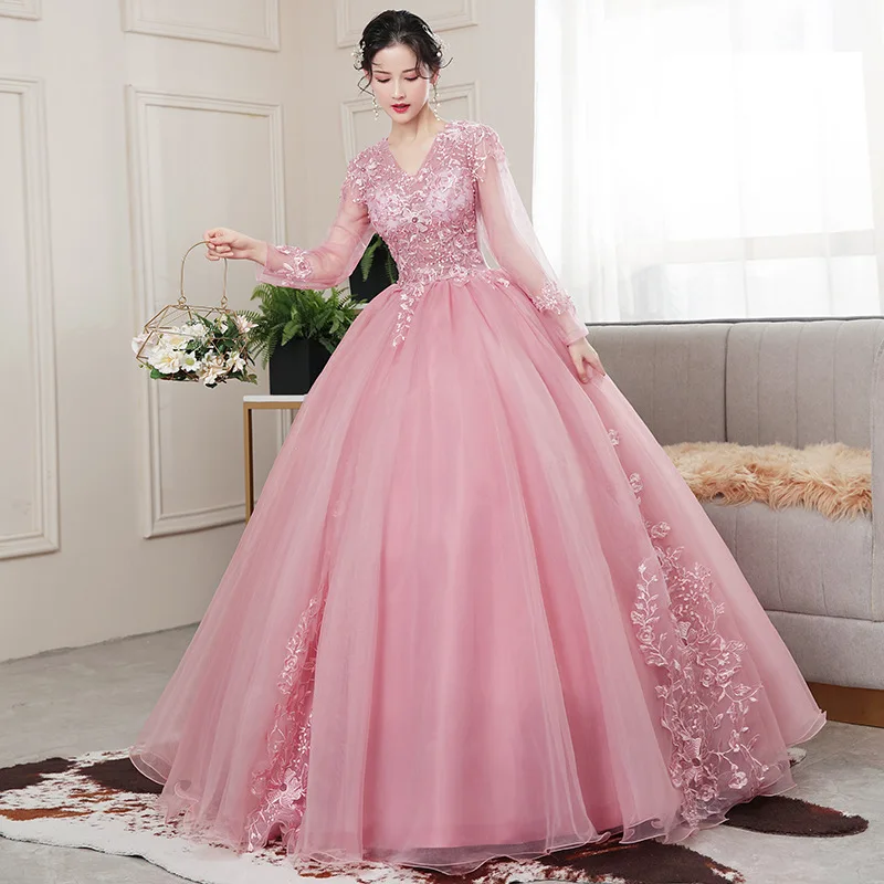 Bean Paste Pink Long Sleeves Quinceanera Dresses 15 Party Fashion V-Neck Floral Applique Princess Birthday Party Gowns Vestidos