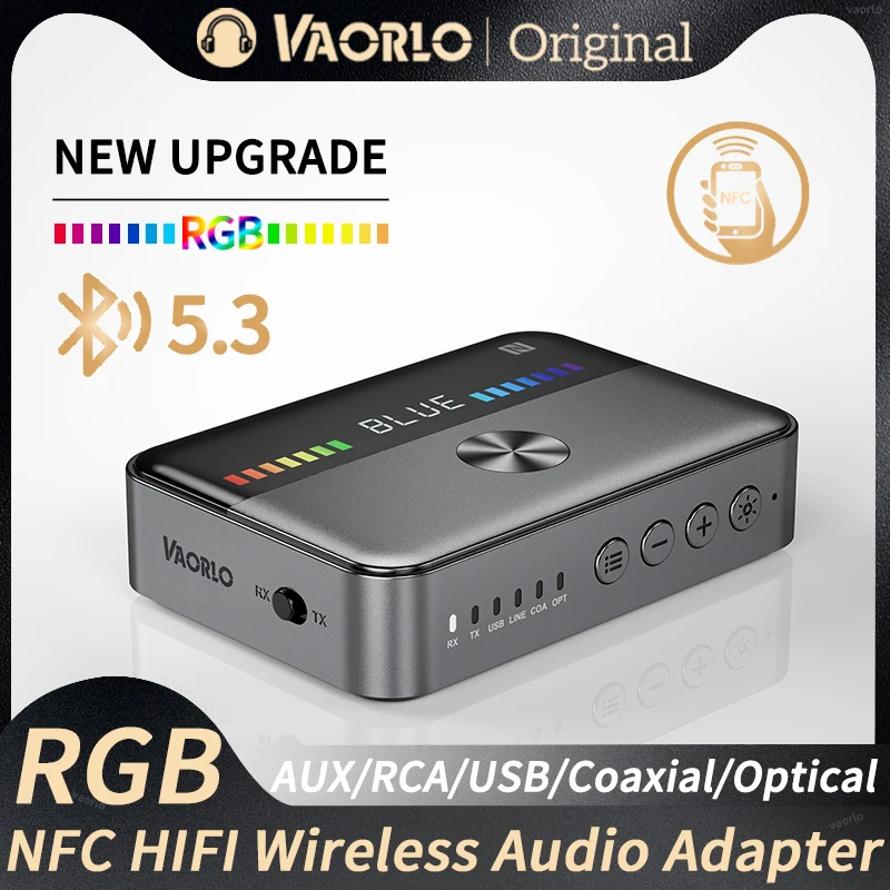 VAORLO NFC Bluetooth 5.3 오디오 수신기 송신기 RGB 다채로운 빛 USB 3.5MM AUX RCA 동축 광 DAC 변환기 PC TV 차량용 스피커 헤드폰 용 HIFI 블루투스 무선 어댑터 