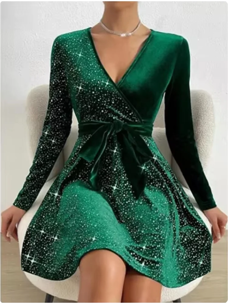 Women's V-neck Sexy Long Sleeved Sequined Solid Color Dress High Street Fashion Elegant Party Evening Dresses 2