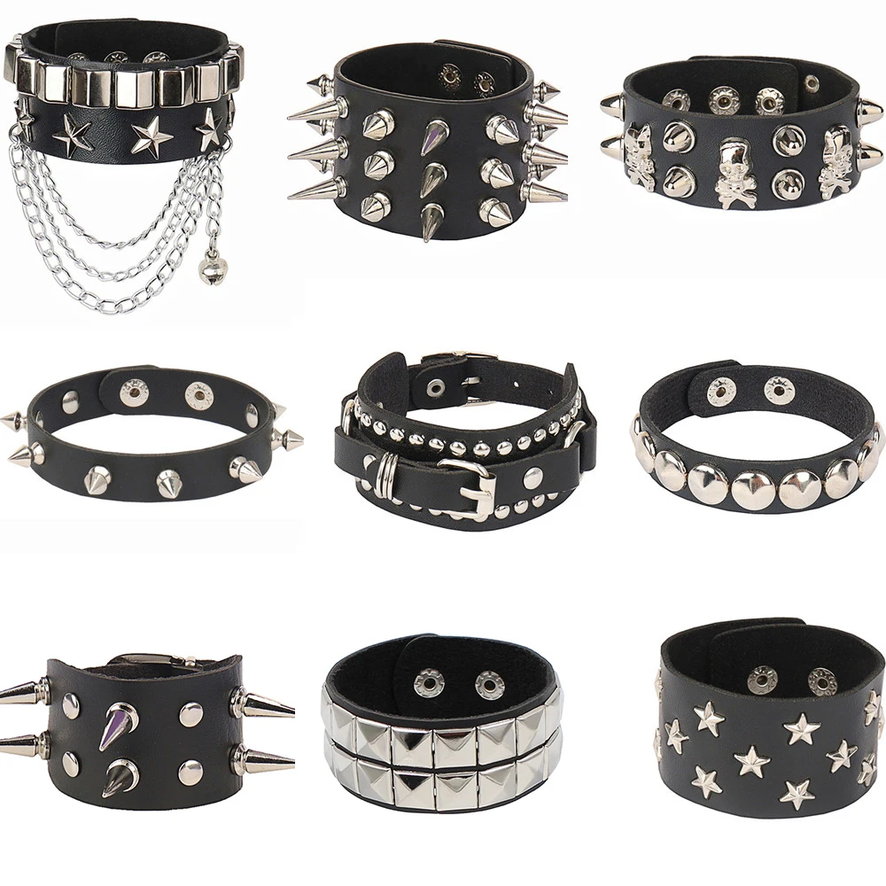 Black Leather Wristband Bracelet Cuff Goth Gothic Punk Bracelets Women Men Spikes Rivet Stud Bangle Cosplay Rock Unisex Jewelry leather bracelet leather braided bracelet