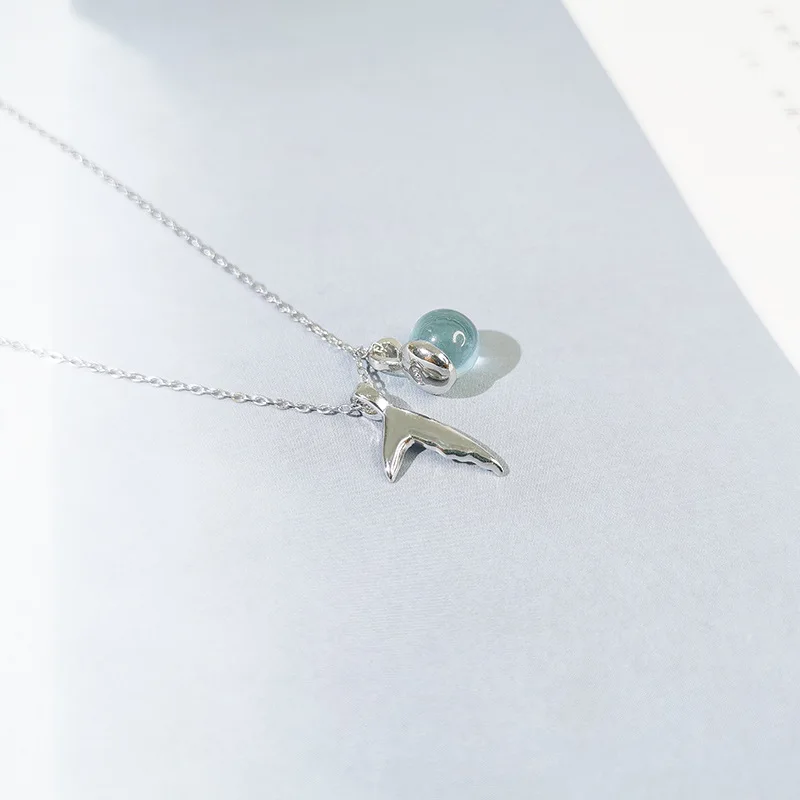 Fish foam Crystal Fishtail Pendant Chain S925 Sterling Silver Necklace
