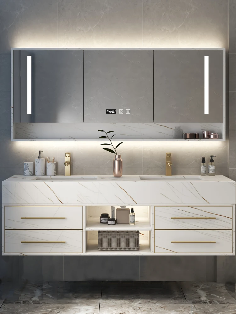 Rock-board Integrated Bathroom Wash Face Sink Bathroom Cabinet Combination Smart Mirror Cabinet
