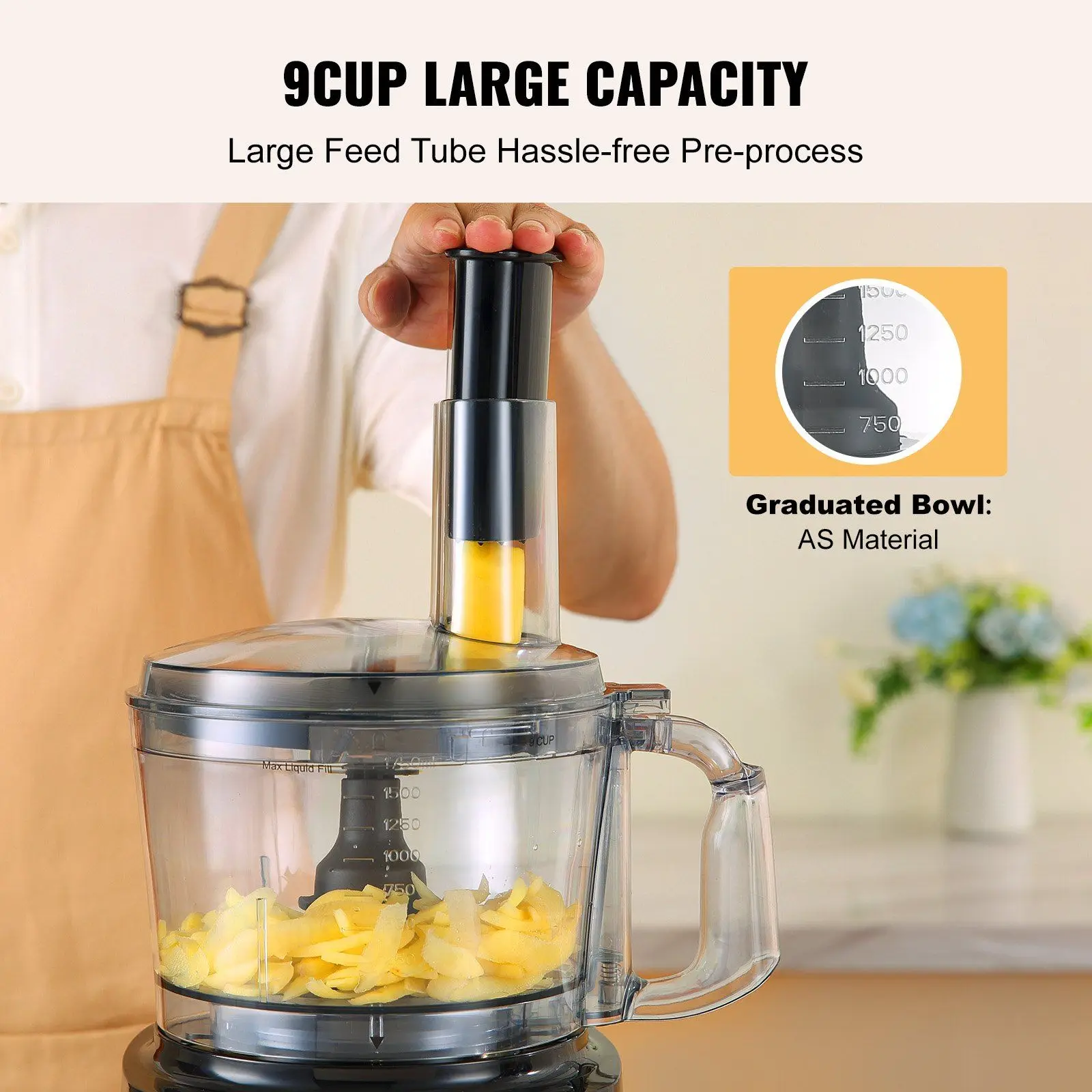 VEVOR Food Processor, 9-Cup Vegetable Chopper for Chopping, Slicing, Shredding, Puree, and Kneading, 600 Watts Stainless Steel B
