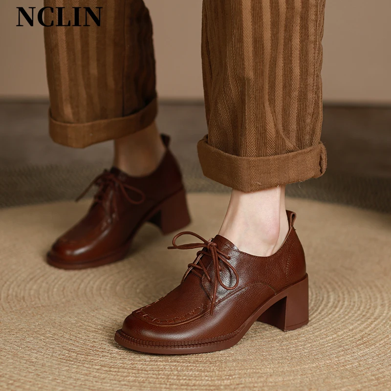 

2024 Spring Genuine Leather Women Shoes Casual Round Toe Pumps Shoes Woman Lace-Up Heel Shoes Zapatos De Mujer Shoe For Women