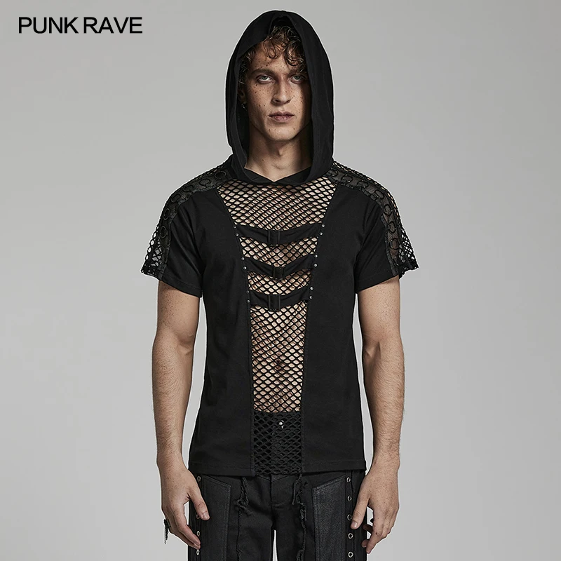 

PUNK RAVE Men's Punk Handsome Hooded T-shirt Sexy Cool Hollow Mesh Cutouts Personality Casual Tops Tees Spring & Summer