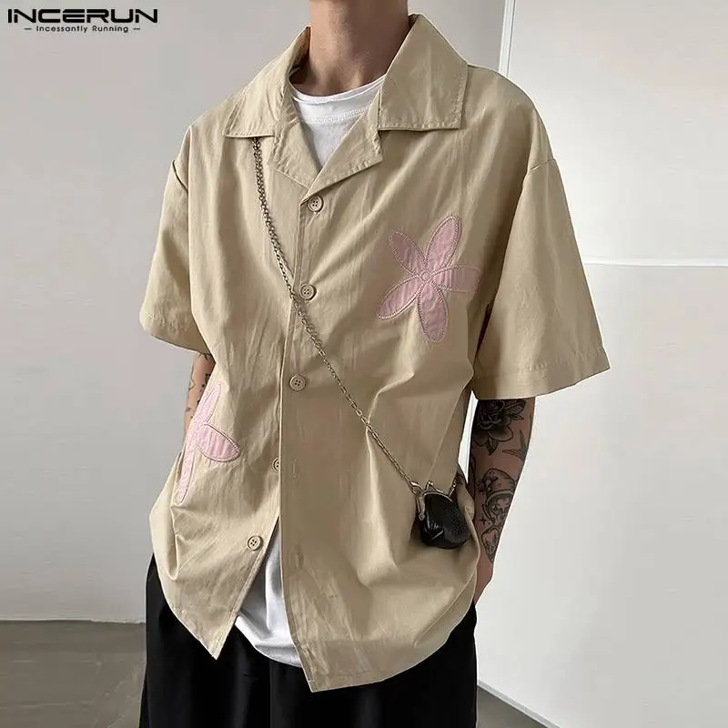 

INCERUN Tops 2023 Korean Style New Men's Funny Flower Patch Shirts Casual Streetwear Male Lapel Loose Short Sleeved Blouse S-5XL