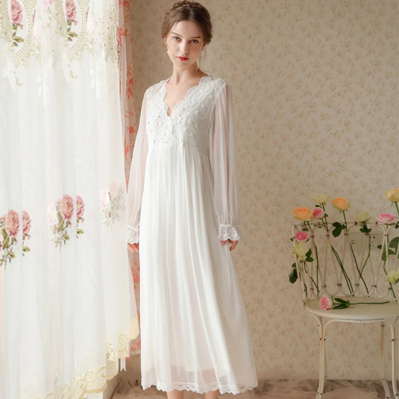 

Women French Sexy V-Neck Gauze Sleepwear Nightdress Princess Sweet Long Lace Decor White Nightgown Summer Mid-Calf Modal Nightie