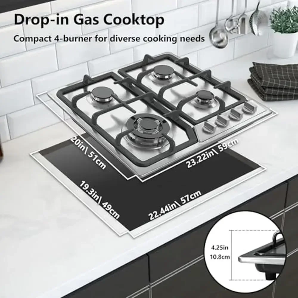 30" Gas Cooktop 4 Burners Propane NG/LPG Dual Fuel Kitchen Stove Built-in Countertop RVs 110V Pulse Ignition Stainless Steel 6