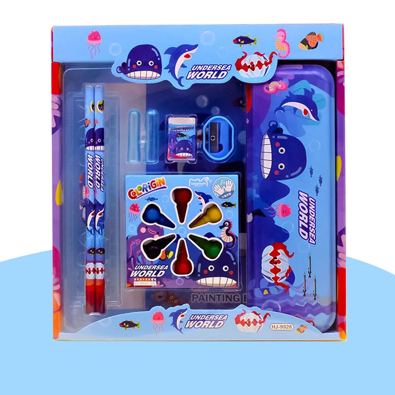 Kids Stationery Sets School Supplies Included Blocks Crayon Pencil Case Pencil Cover Protector Etc. All-in-one Students Gift Box