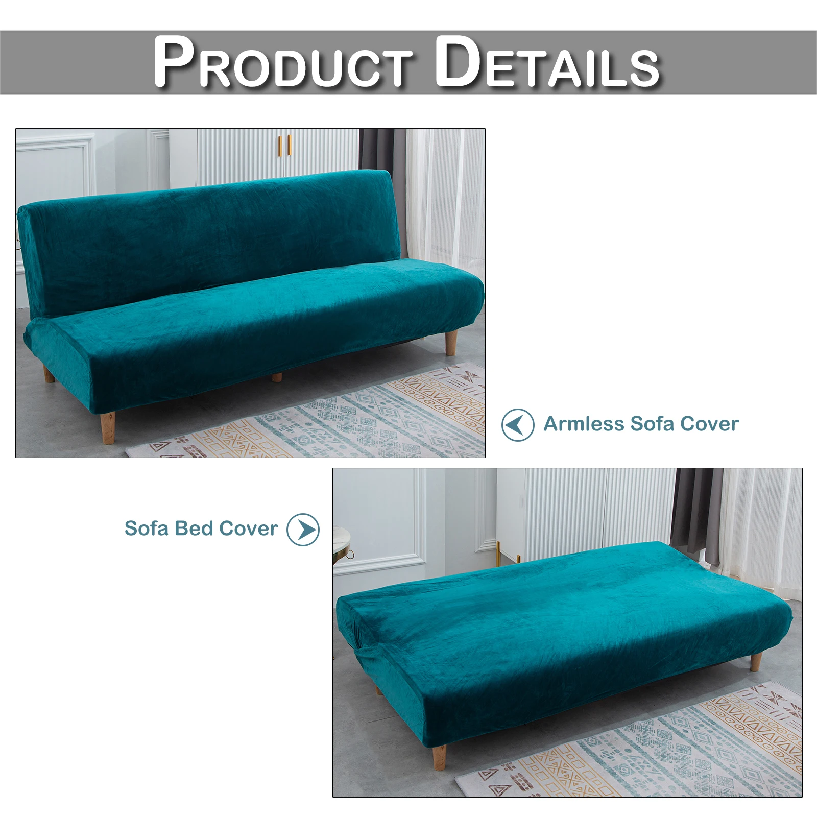 Velvet Armless Sofa Bed Covers Folding Seat Slipcover Modern Futon Stretch Sofa Bed Covers Living Room Elastic Couch Protector 2