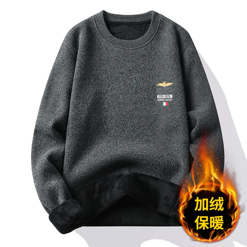 Men's Sweater Spring and Autumn Thick Plush Thickened Round Neck Knitted Bottom Shirt Men's Inner Layer Autumn and Winter 2023 N