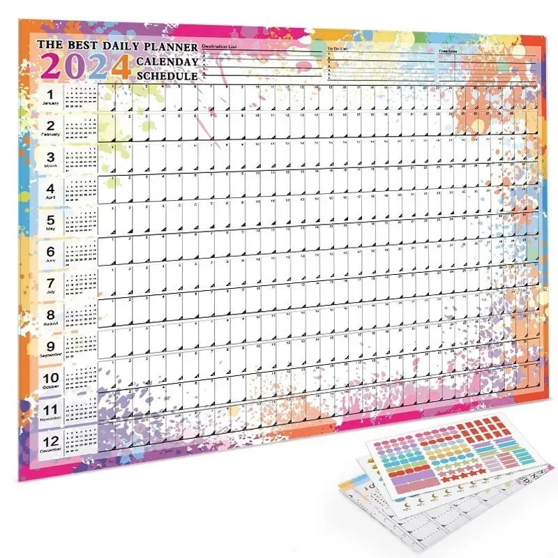 

2024 Annual English Planner Wall Calendar Morandi Color Graffiti Desktop Calendar Paper Classroom Office Supplies with Schedule