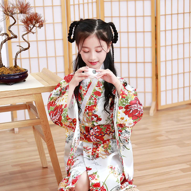Japanese Kimono Girls Japan Kimono Satin Luxury Novelty Yukata Gown Printed Robe with Obi Children Performance Costume Traditional Asian Clothes