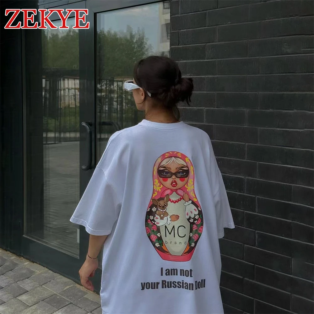 Zekye Funny Graphic Tees Oversized Summer O Neck Casual Streetwear T Shirt Women Black Short Sleeve Top Long Chic Basic Clothes