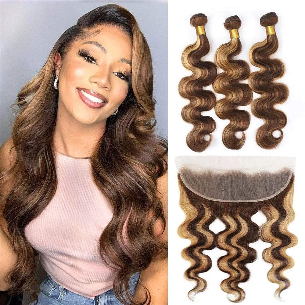 4/27 Body Wave Bundles 100% Human Hair Tissage With Frontal Highlight Brazilian Hair Extensions Bundles With 13x4 Lace Frontal