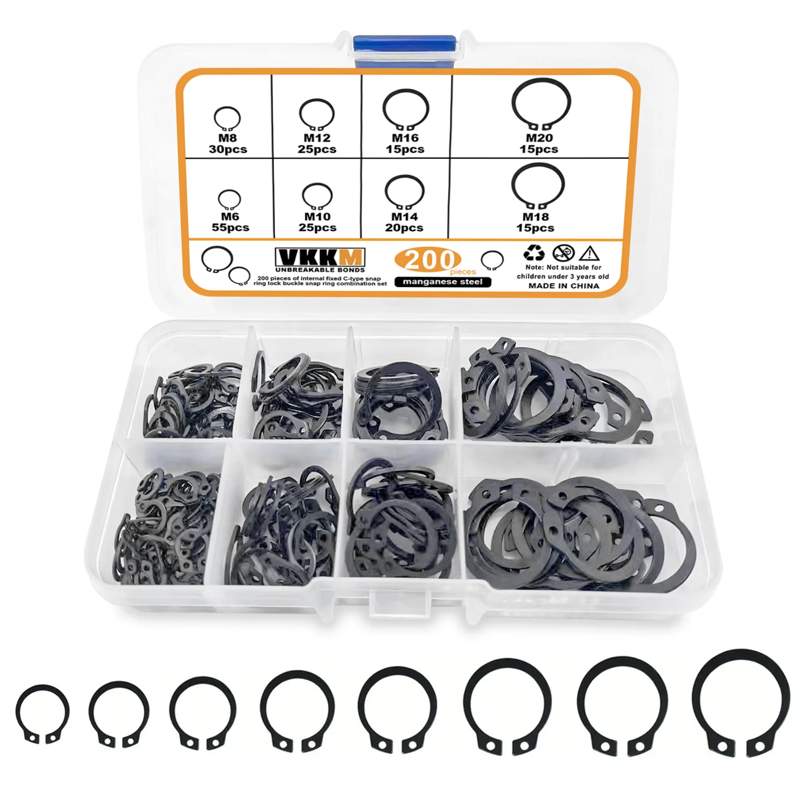Clasp Store Category Manganese Steel External Clasp Fixed Set 200Pcs 8 Sizes Suitable For Mechanical Maintenance manganese steel snap ring