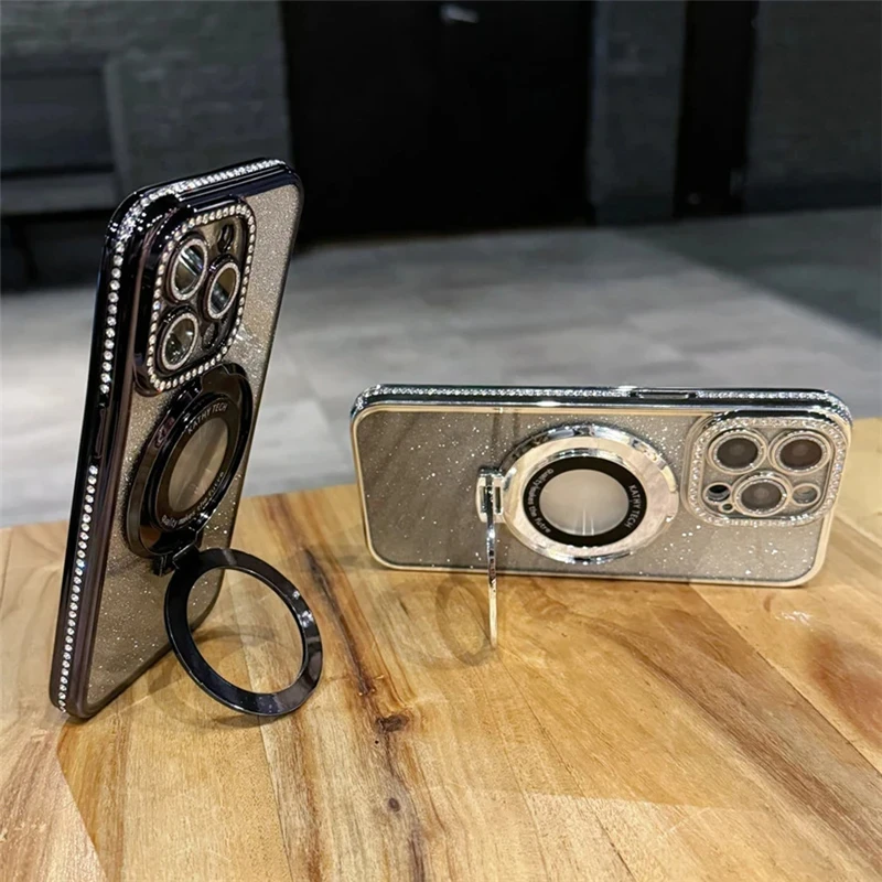 Luxury Plating For Magsafe Magnetic Stand Holder Glitter Diamond Case For iPhone 15 11 12 13 14 Pro Max Plus Soft Silicone Cover