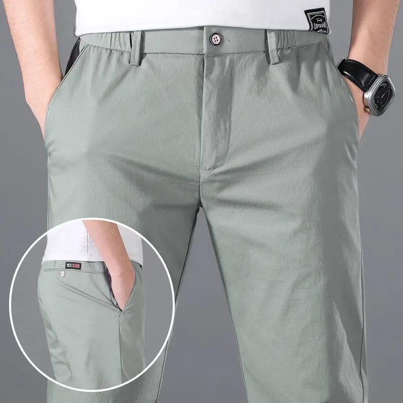 Summer 2024 Men Thin Style Solid Color Casual Commuting Trousers Ice Shreds Quick Drying Straight Cylinder Slim All-match Pants