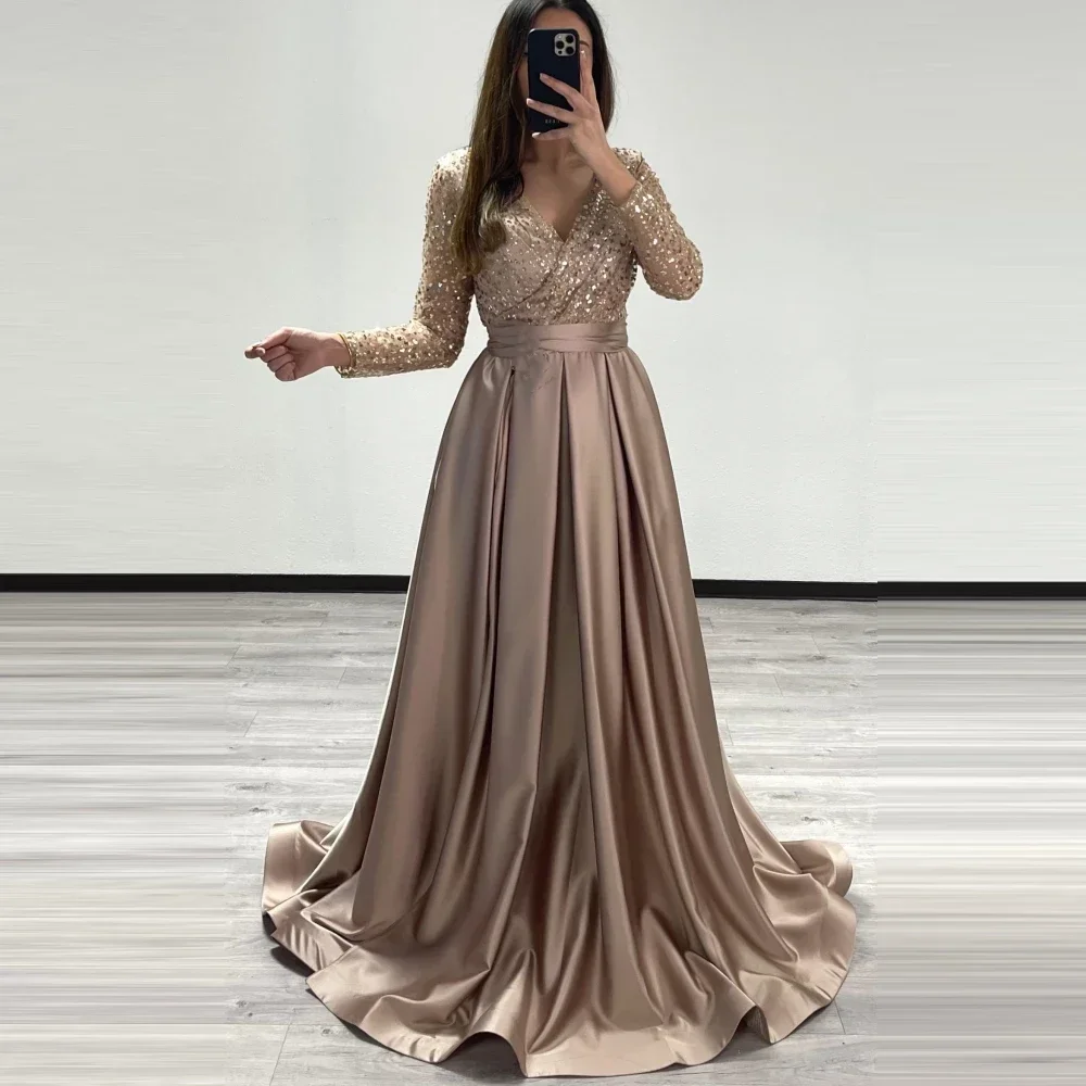 

Shiny V Neck Evening Dresses 2024 Robe De Soirée Long Sleeves Sequined Satin Saudi Arabic Party Dress Prom Vestidos De Noche