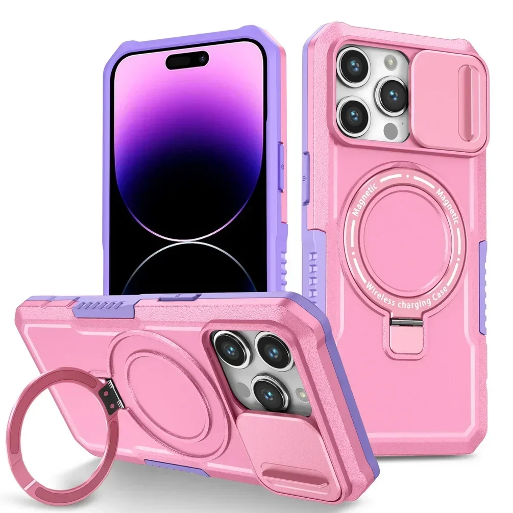 Luxury Metal Phone Case with 360° Built-in Bracket and Sliding Camera Protection