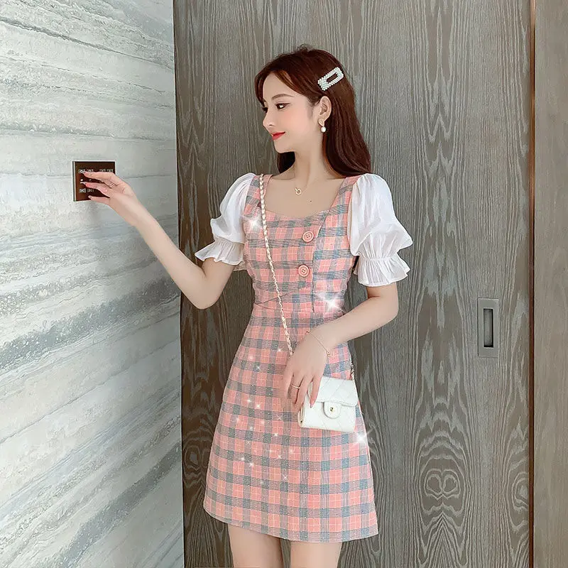 

Mori Girl Style Dress Women Chic A-LINE Vintage Plaid Butterfly Sweet Patchwork Lace Puff Sleeve Korean High Waist Dress
