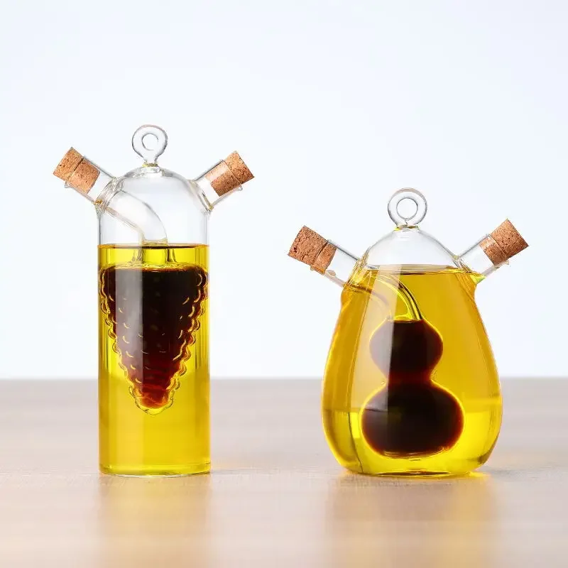 Two-in-one High Borosilicate Glass Oil Pot condiment squeeze bottles seasoning jars with Two Mouths and Fine Mouths for Kitchen Sealed Sauce and Vinegar Seasoning Bottle