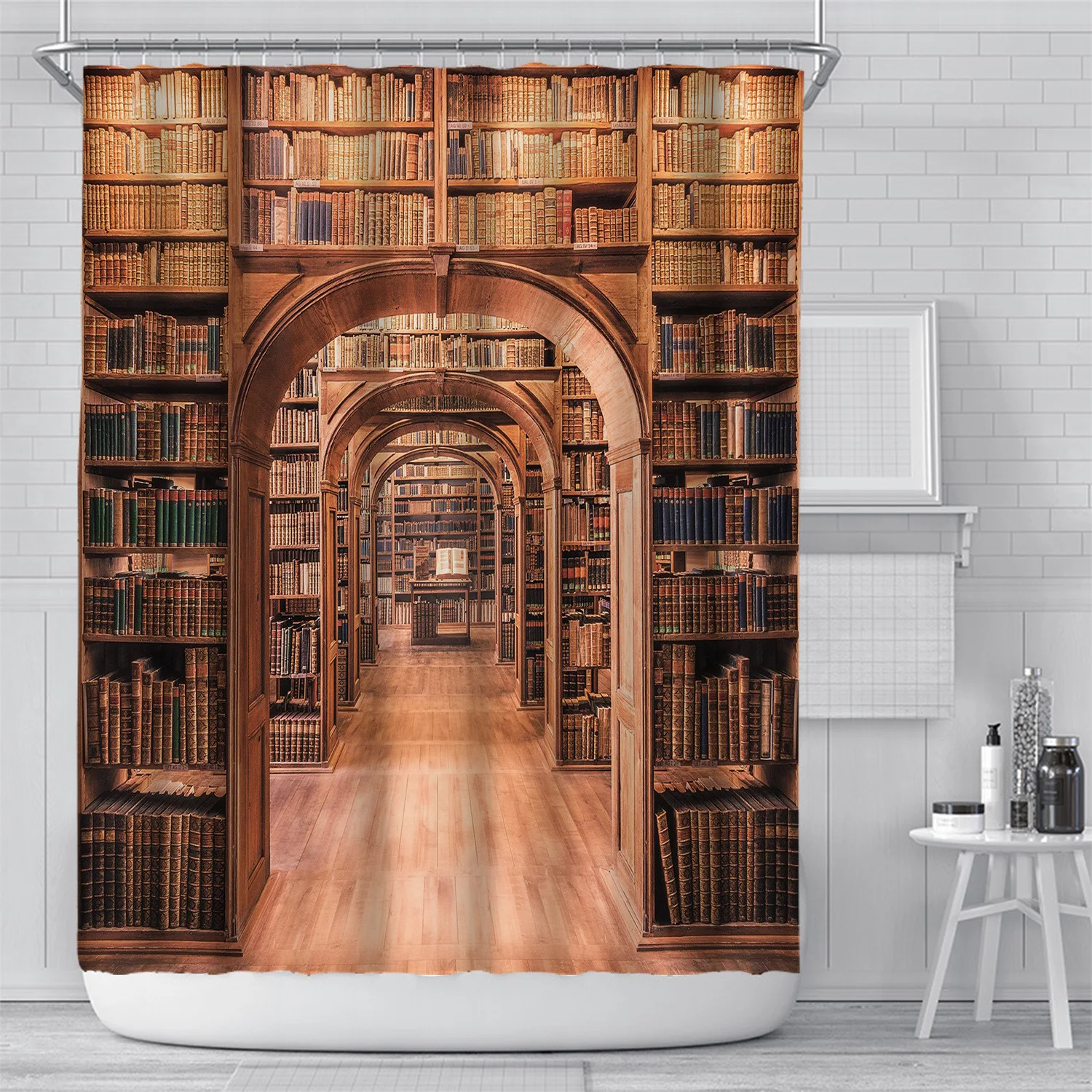 Vintage Library Books Photo Shower Curtain Magic Bookshelf Printing