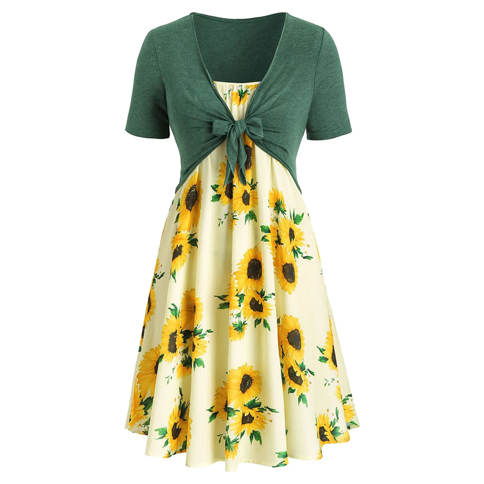 

Mini Dress For Women French Style Sunflower Graphic Dress Bowknot Short Sleeve Dress Women Short Dress Women'S Dress Summer