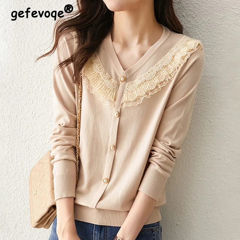Stylish Interior with a Lazy Style Apricot Black Knitted Top V-Neck New Spring and Autumn Ruffles Sweater Slim Bottoming Shirt