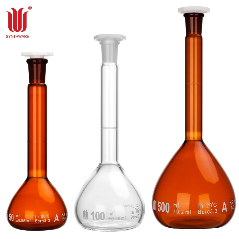 갈색 부피 플라스크 표준 마우스 플라스틱 마개, 투명 유리 부피 플라스크, 상자당 2 개, 5ml-1000ml