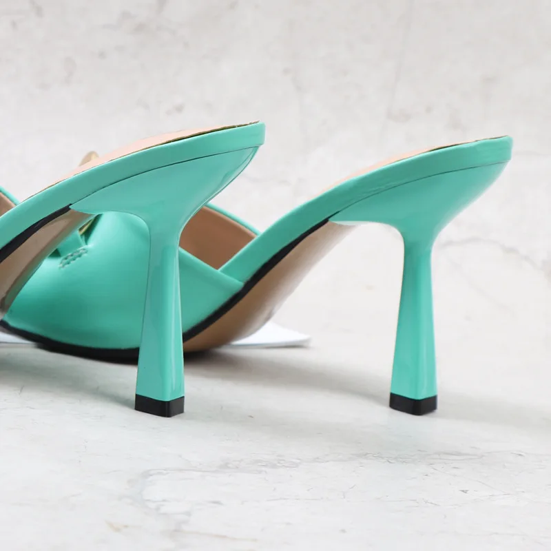 Women's Slippers 2022 Summer New PU Square Toe Chain Decorative High Heel Shoes Thin Heel Fashion Outer Women's Modern Slippers