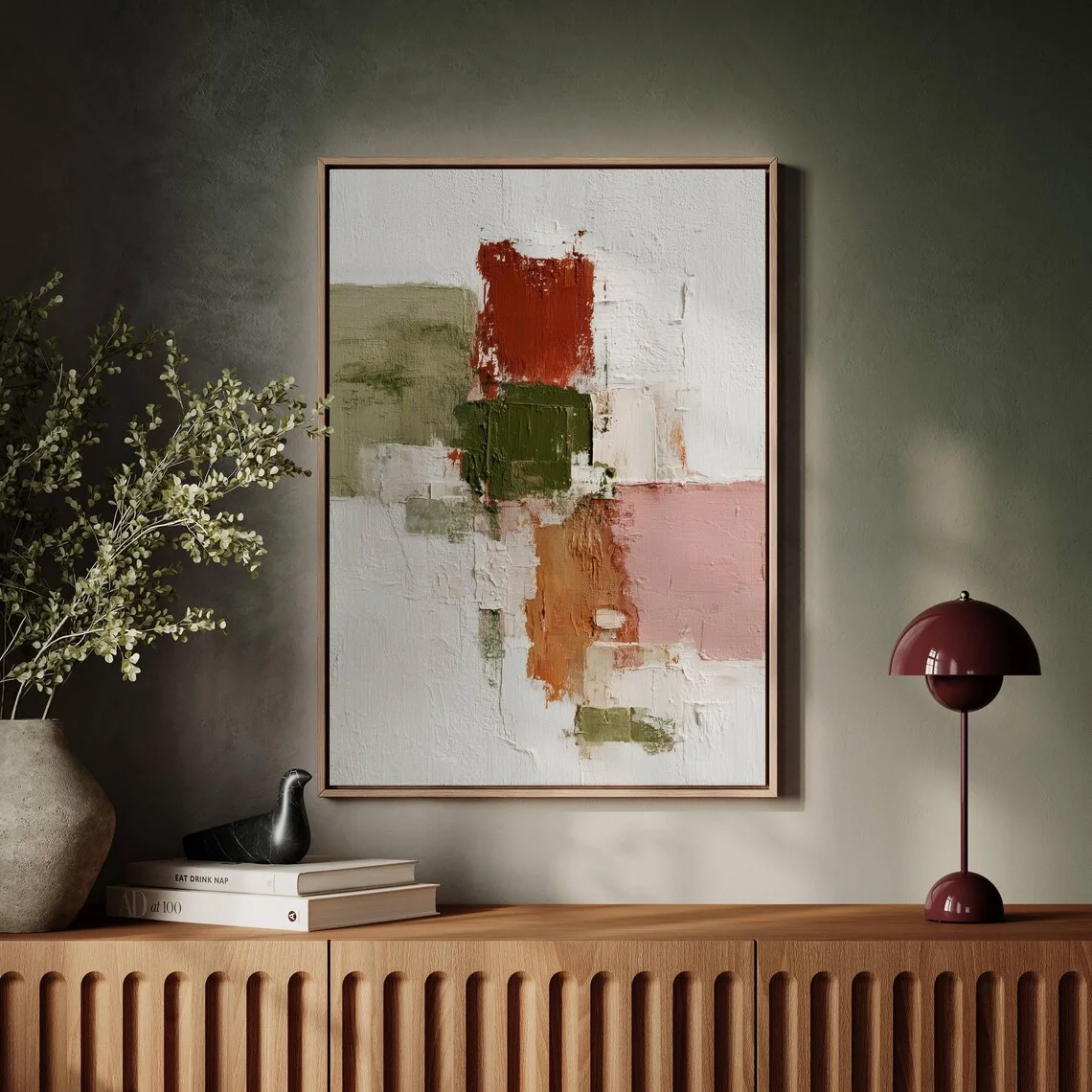 Vibrant Hand-Painted Abstract Canvas Art - Textured Red & Green Geometric Design