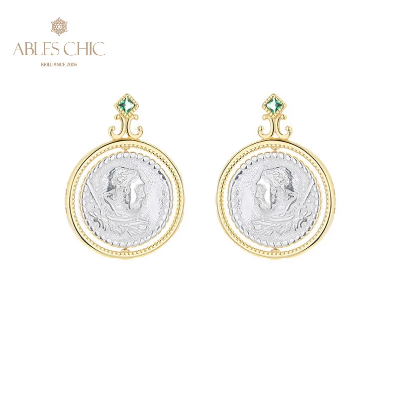 

Rotating Greek Replica Silver Coins Studs 18K Gold Two Tone Solid 925 Silver Roman Coin CZ Accent Earrings E1066