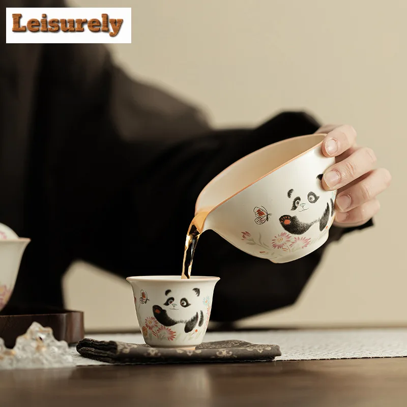 125ML Cream Ding Kiln Panda Play Butterfly Tea Pitcher Tea Divider Cha Hai Dispenser Justice Cup Fair Mug Tea Ceremony Supplies