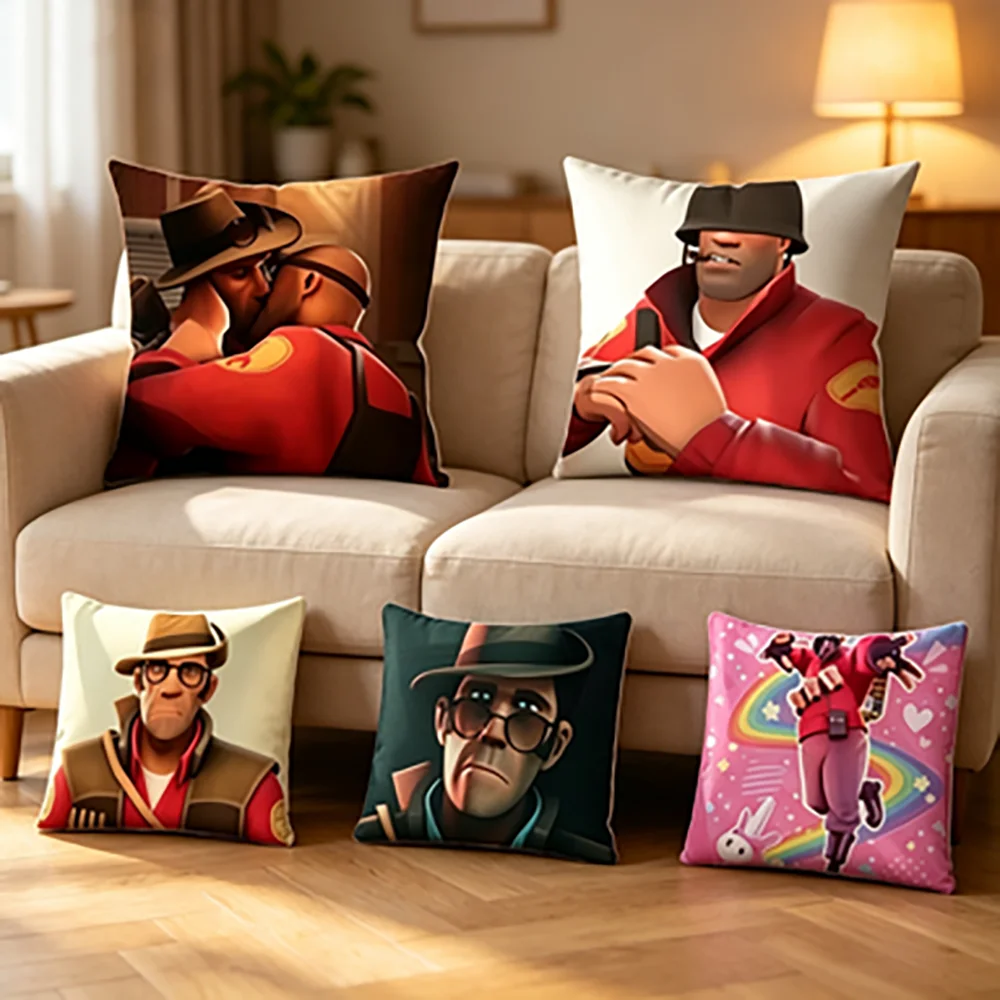 TF2 게임 테마 핫 티팀 F-포트리스 2 소파룸 장 보이지 않는 지퍼가 있는 짧은 플러시 베개 커버 쿠션 커버