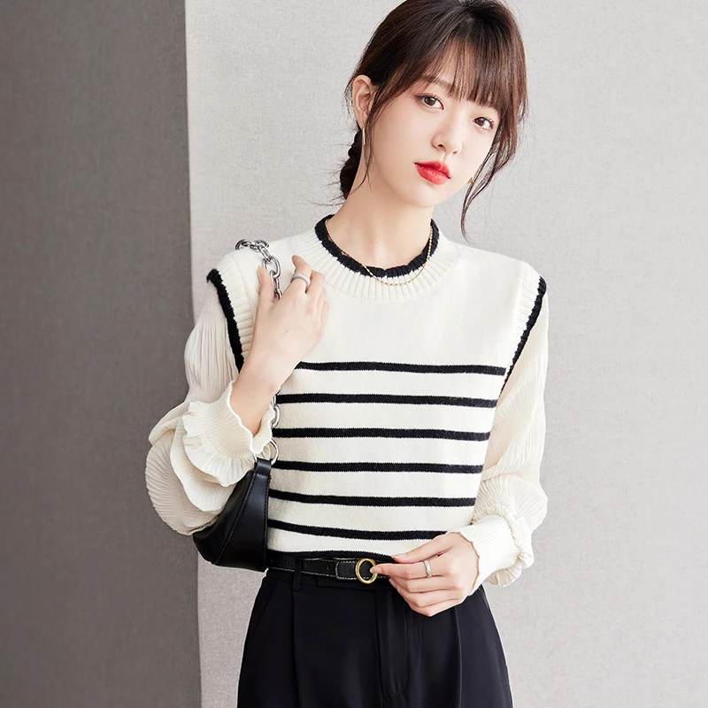 

French Style Fake Two-piece Women Knitted Tops Autumn Patchwork Contrast Color Striped Sweater Fashion Simple Female Pullover